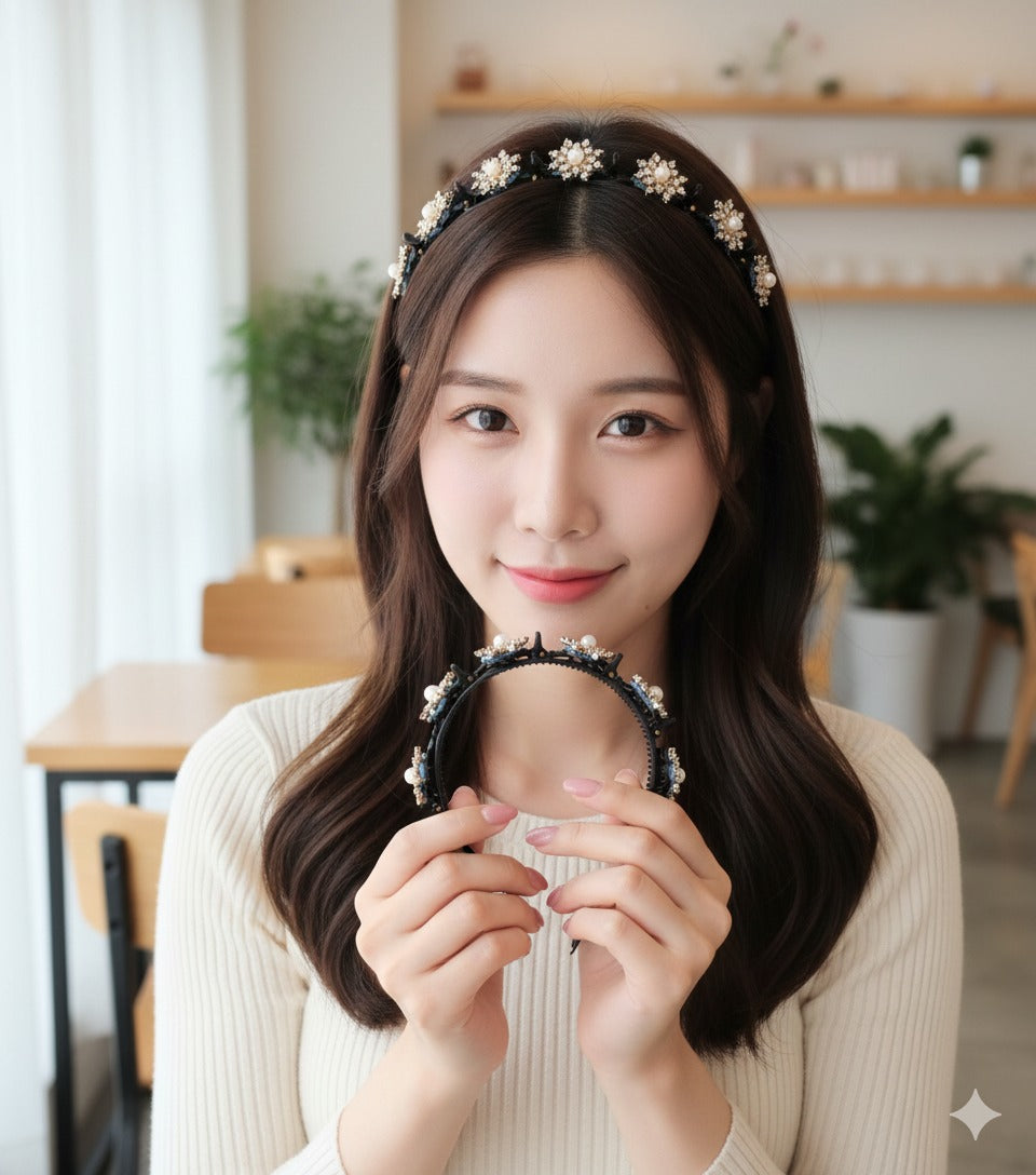 Elegant Pearl Floral Embellished Hairband & Clip Set