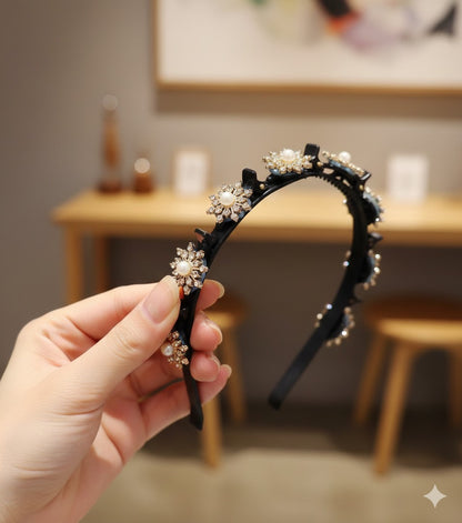 Elegant Pearl Floral Embellished Hairband & Clip Set