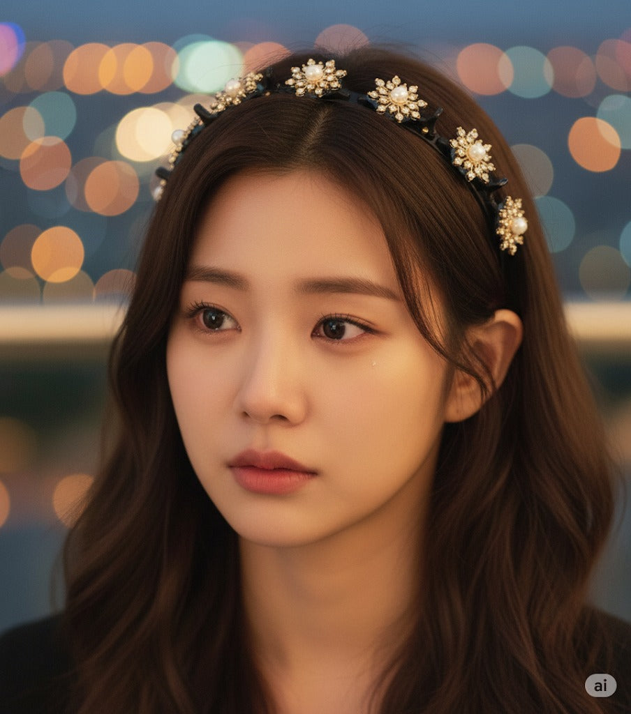 Elegant Pearl Floral Embellished Hairband & Clip Set