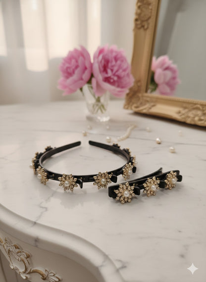 Elegant Pearl Floral Embellished Hairband & Clip Set