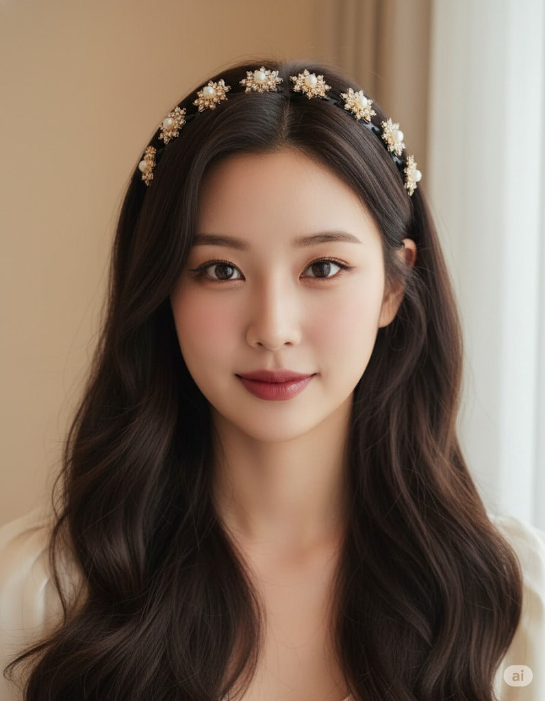 Elegant Pearl Floral Embellished Hairband & Clip Set