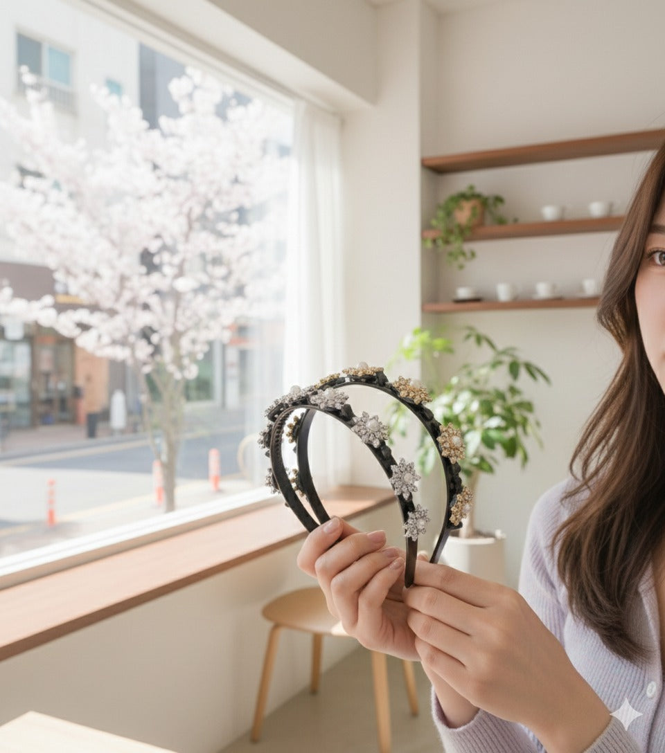 Elegant Pearl Floral Embellished Hairband & Clip Set