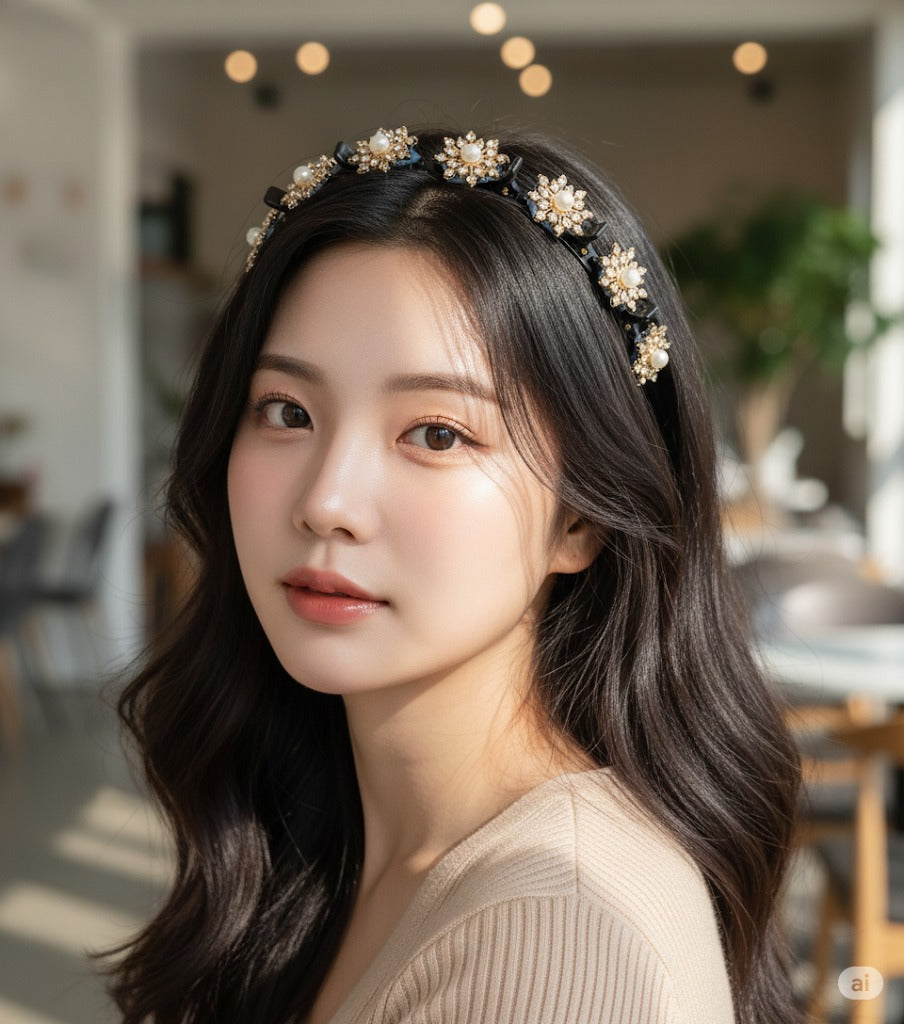 Elegant Pearl Floral Embellished Hairband & Clip Set