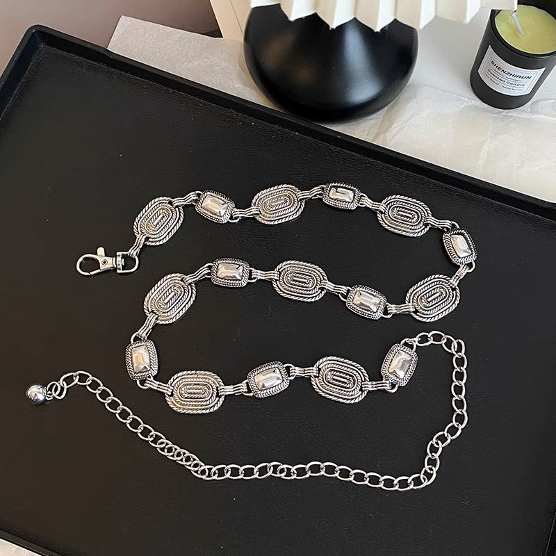 Silver Oval Stone Chain Belt