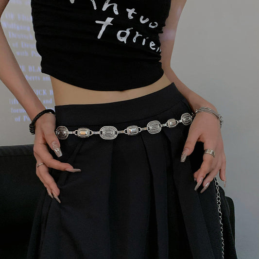 Silver Oval Stone Chain Belt