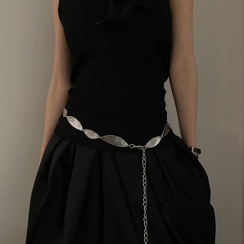 Textured Leaf Link Silver Waist Chain