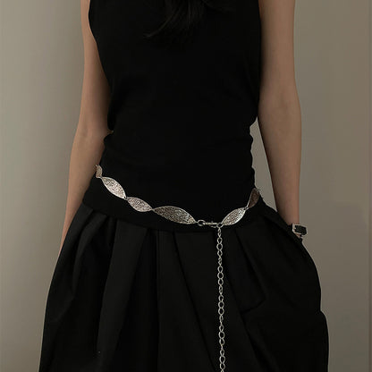 Textured Leaf Link Silver Waist Chain