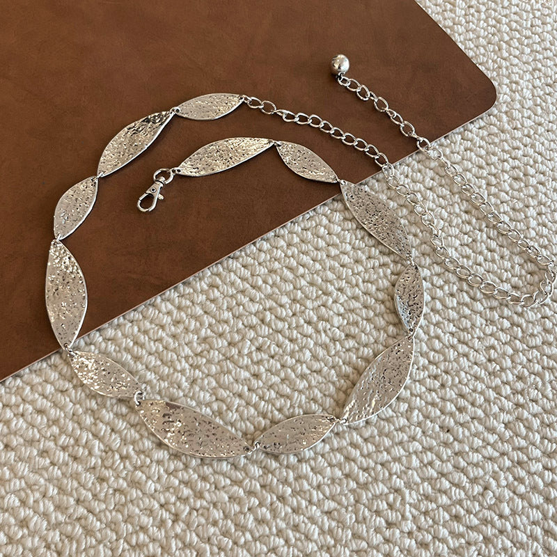 Textured Leaf Link Silver Waist Chain